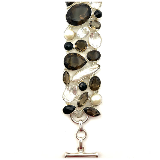 Smoky Quartz, Clear Quartz, Black Onyx, Pearl & Biwa Shell Bracelet